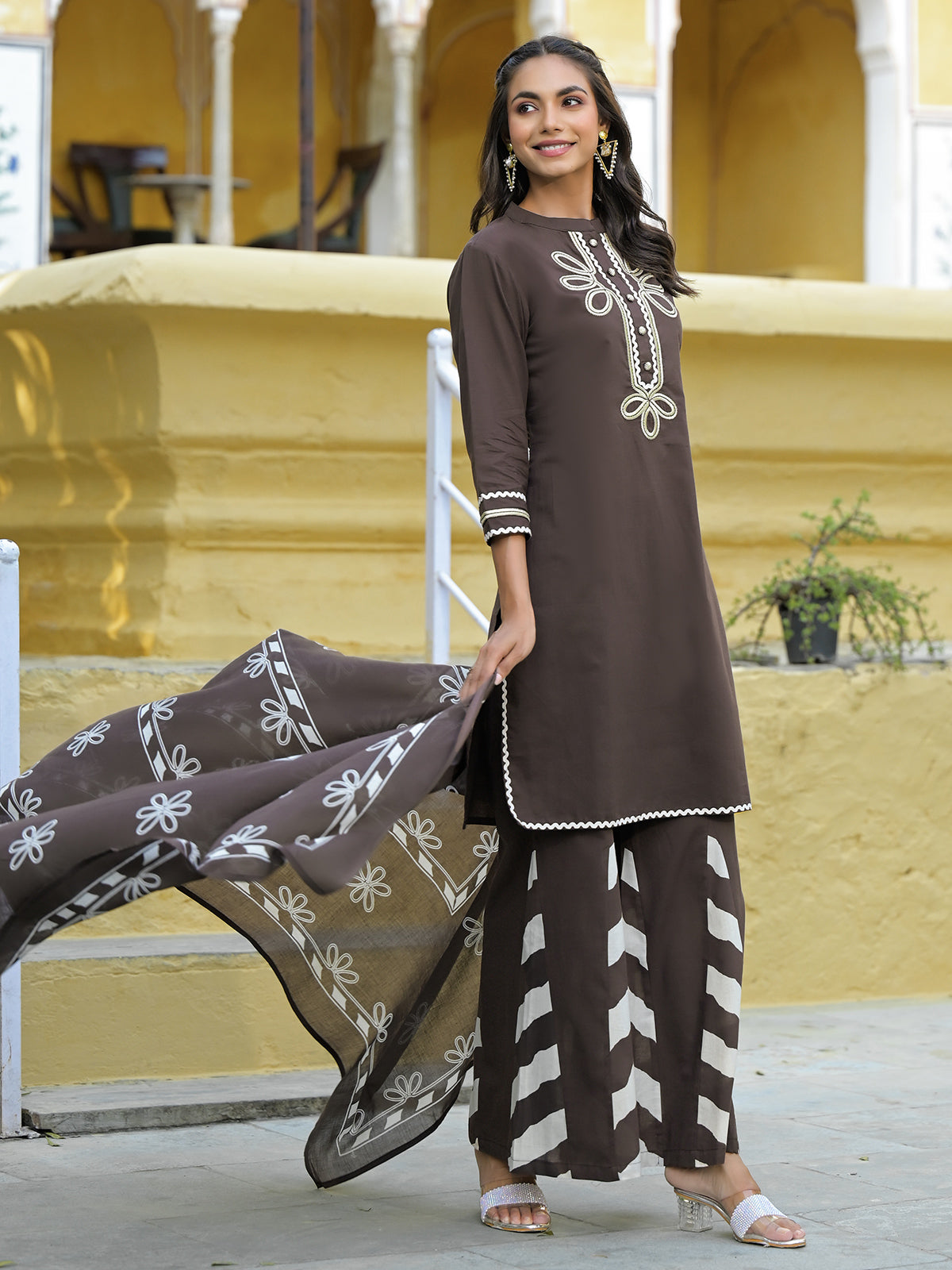 Masakali Dark Grey Cotton Kurta Set With Palazzo & Dupatta