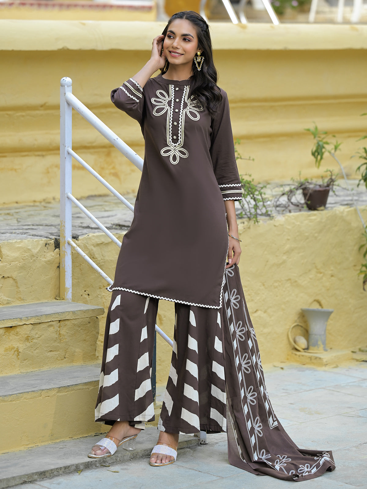 Masakali Dark Grey Cotton Kurta Set With Palazzo & Dupatta
