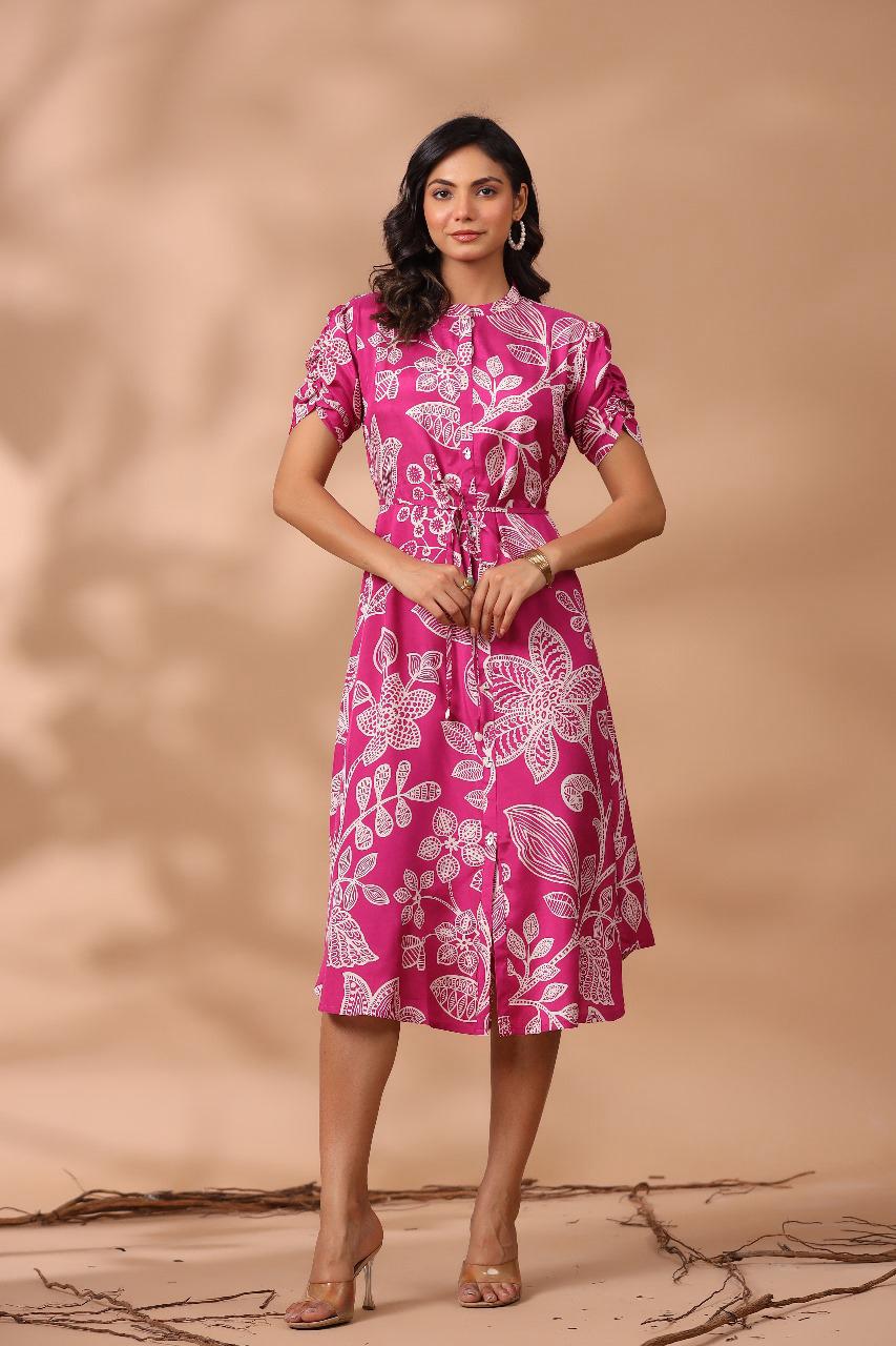 Masakali Dress, Russian Silk, Floral Printed Midi Dress, Pink (MMDR1003)