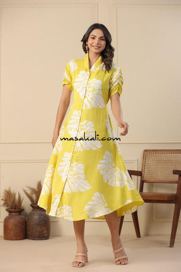 Masakali Dress, Russian Silk, Midi Dress, Yellow Dress
