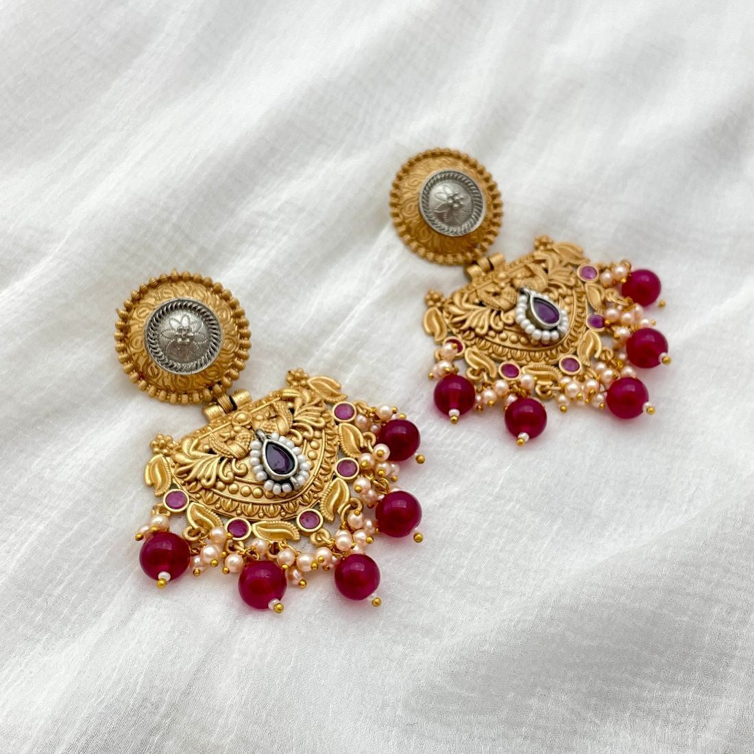 Masakali Dual-Tone Peacock Design Statement Earrings, Ruby