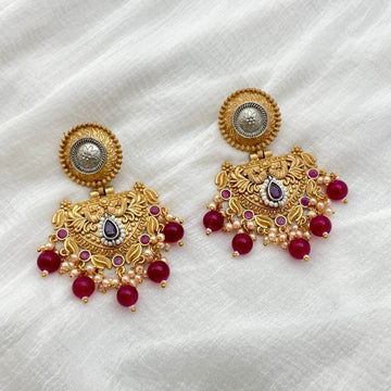 Masakali Dual-Tone Peacock Design Statement Earrings, Ruby