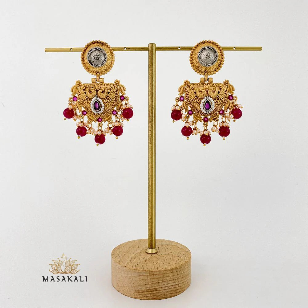 Masakali Dual-Tone Peacock Design Statement Earrings, Ruby