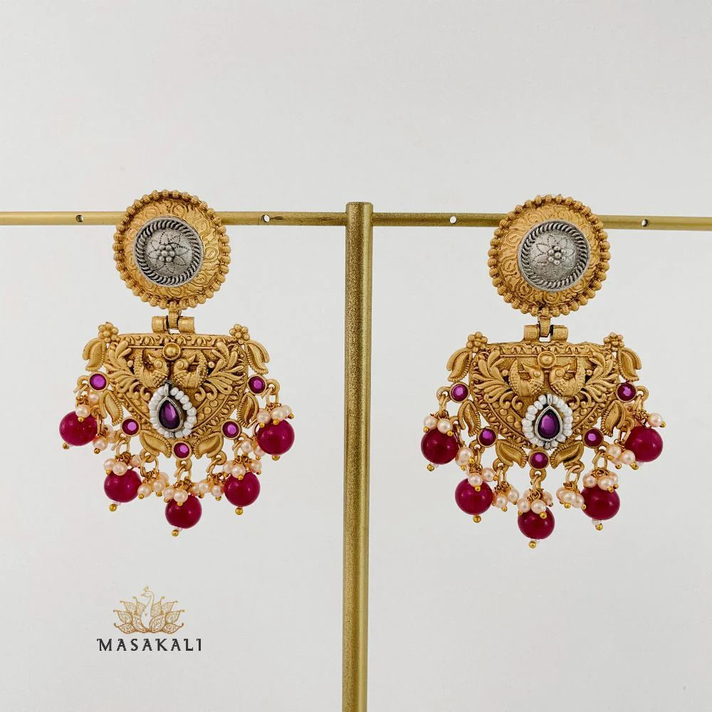 Masakali Dual-Tone Peacock Design Statement Earrings, Ruby