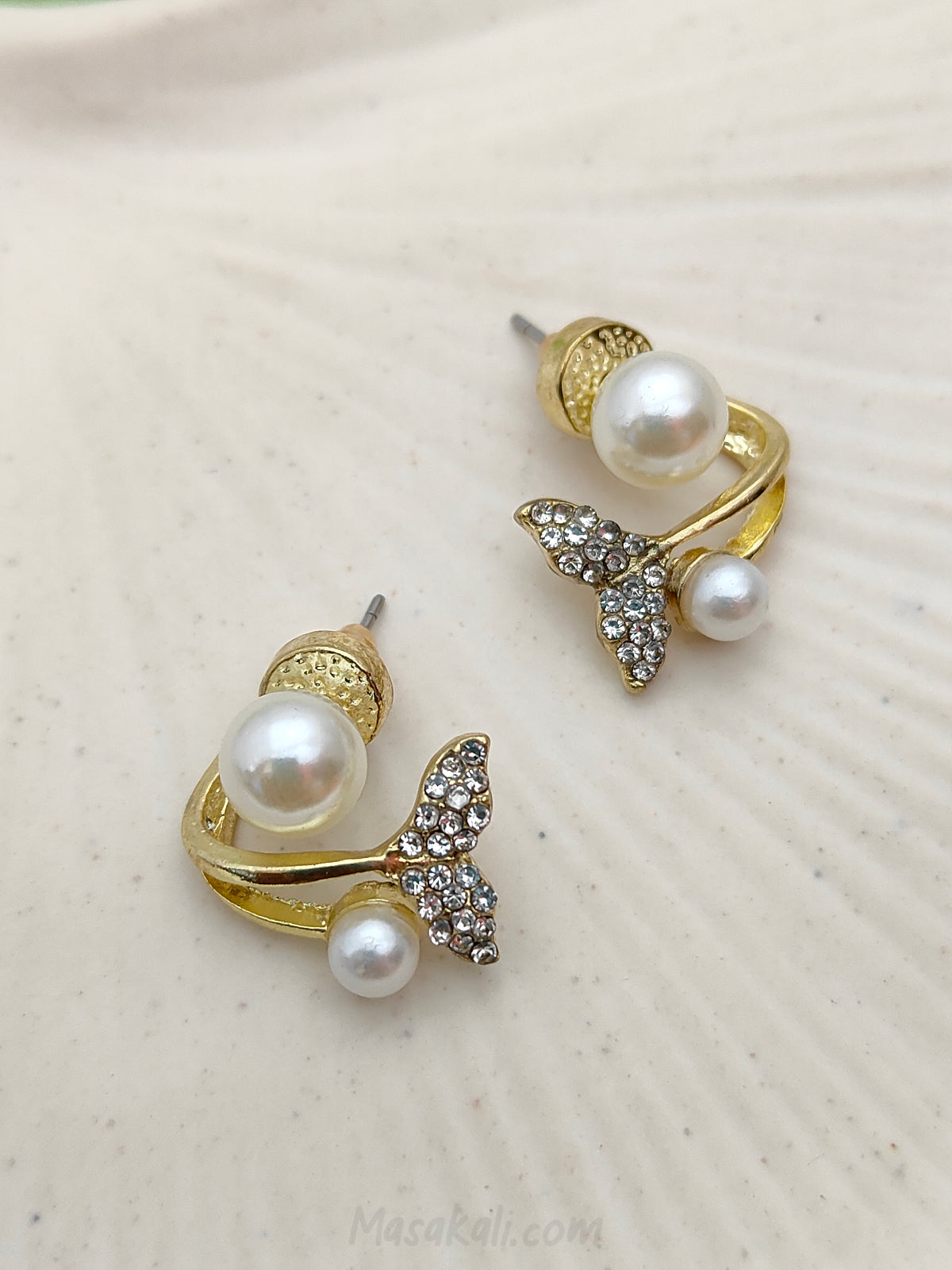 Fishtail Stud Earrings Pearls With Gold-plated Rhinestone Marmaid Tail Earrings Korean Jewellery (MMIN1006)
