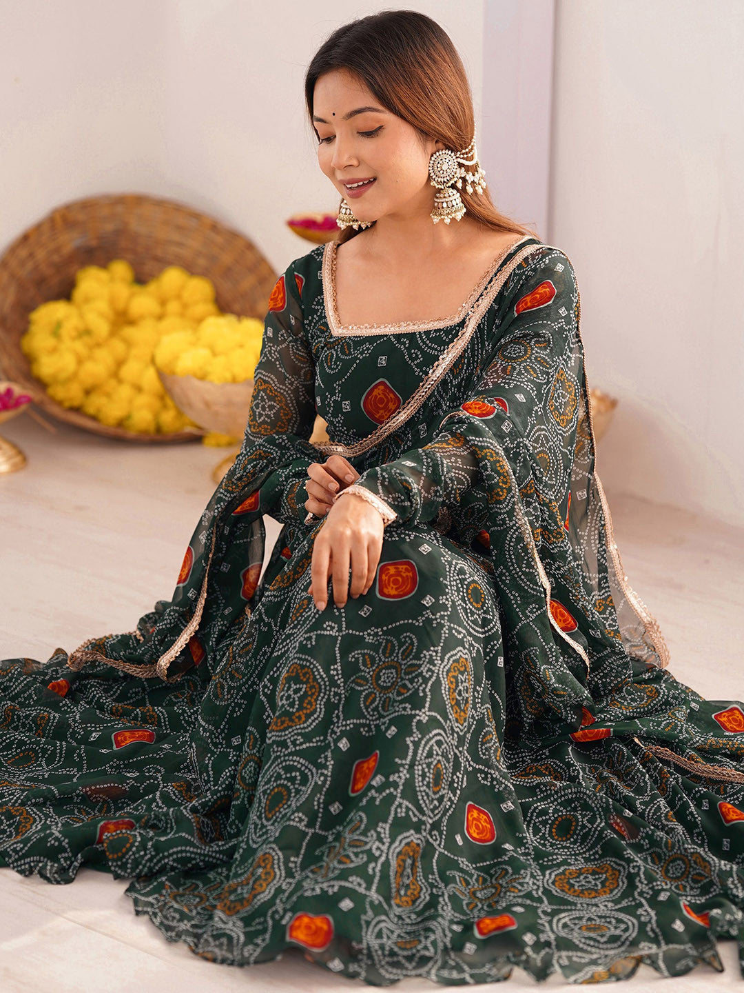 Masakali Georgette Floral Printed Anarkali Kurta With Trousers & Dupatta