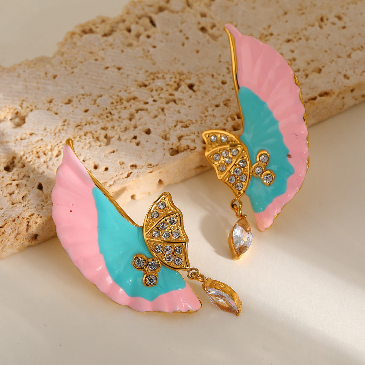 Masakali Gold-Plated AD Embellished Wing Design Colorful Drop Earrings