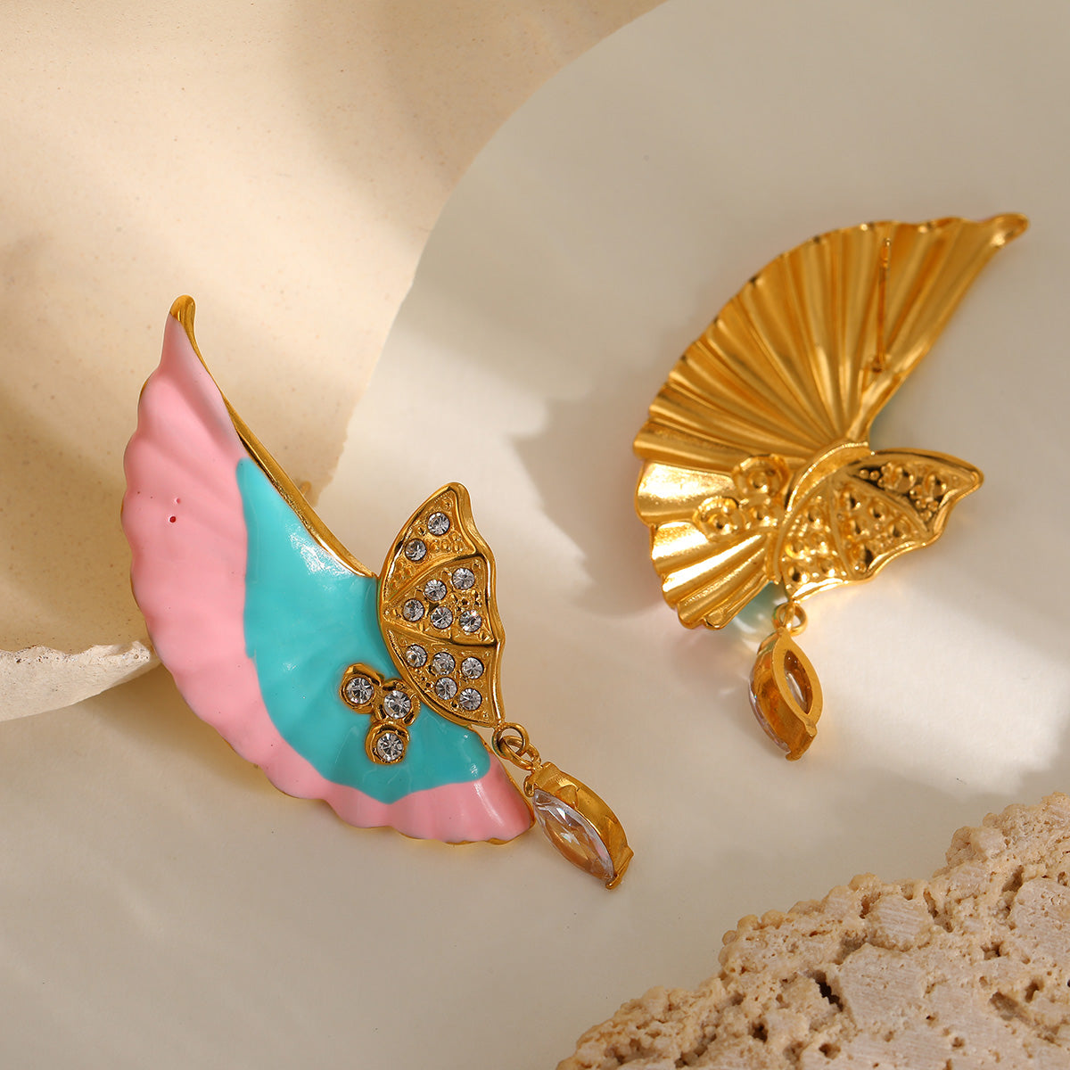 Masakali Gold-Plated AD Embellished Wing Design Colorful Drop Earrings