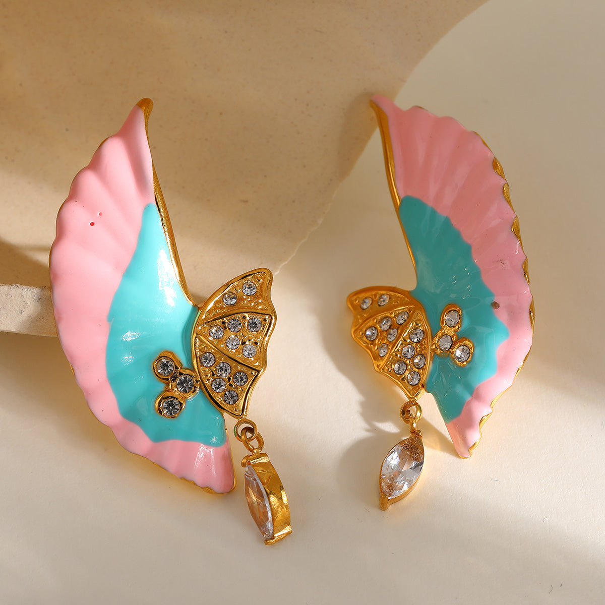 Masakali Gold-Plated AD Embellished Wing Design Colorful Drop Earrings