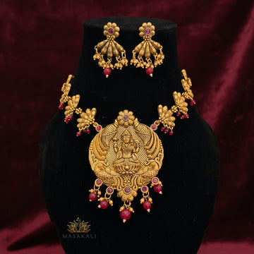 Masakali Gold-Plated Nakshi Work Lakshmi Necklace Set (Ruby)