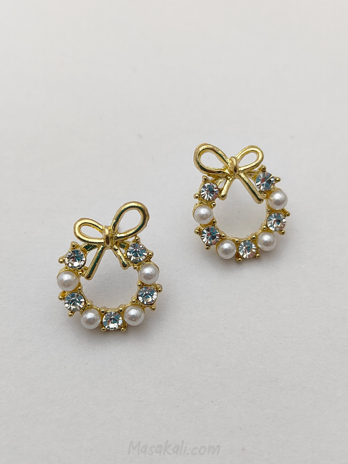 Masakali Gold Toned Pearl Bowknot Earrings CZ Stone Studded Drop Korean Rhinestone Earrings