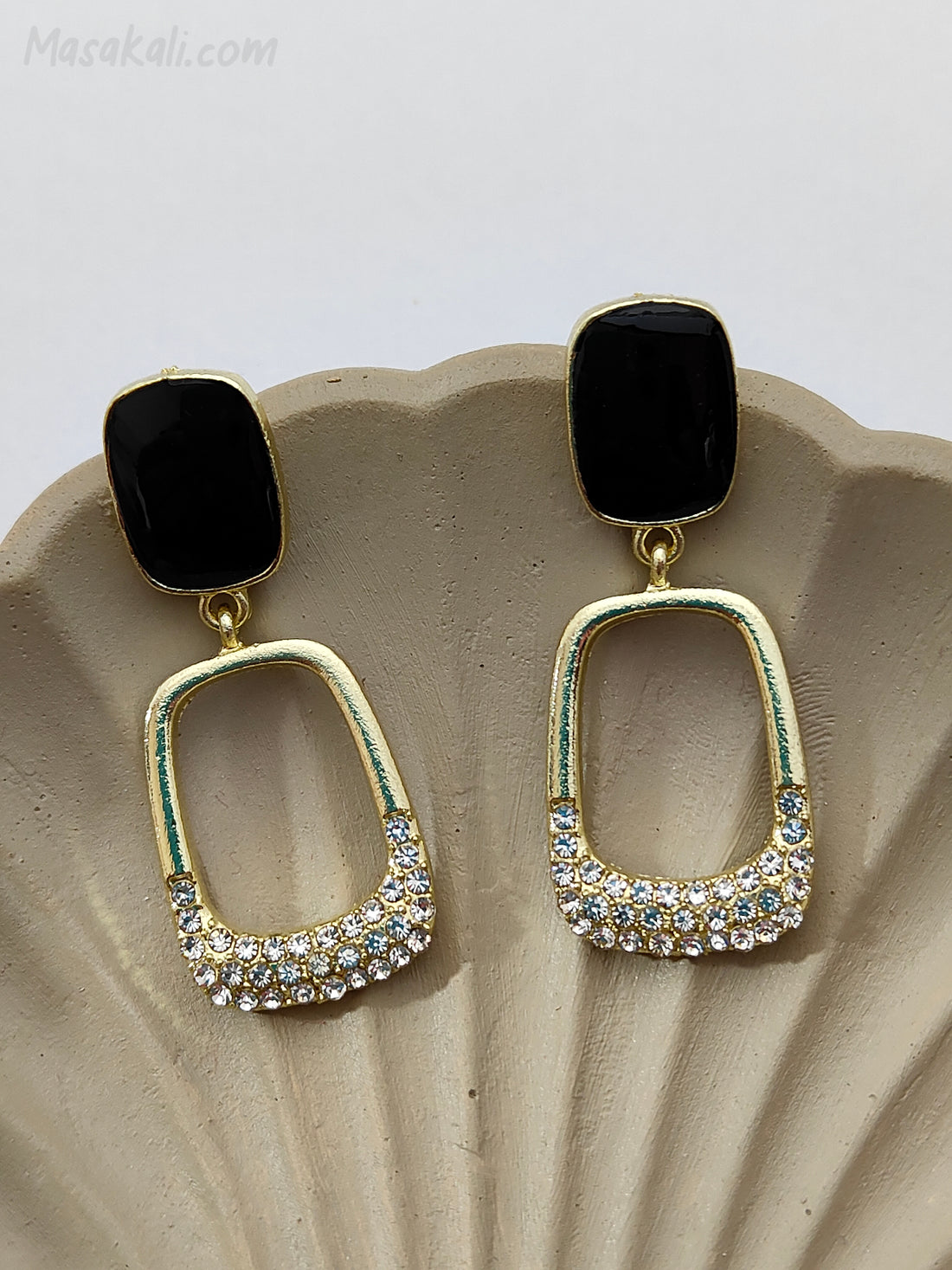 Masakali Gold Toned Rhinestone Statement Earrings Studded Drop Black Retro Style Korean Earrings