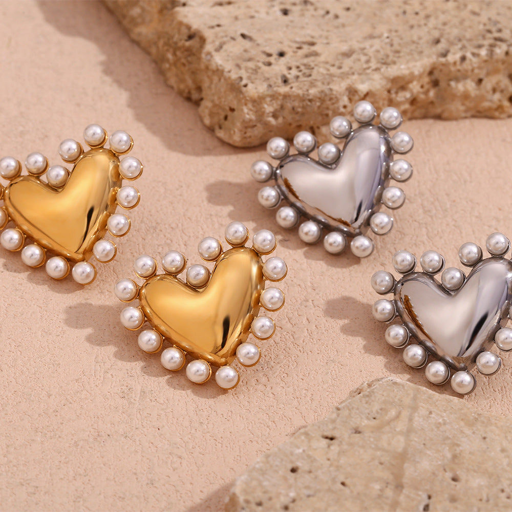 Masakali Gold & Silver-Plated Heart-Shaped Pearl-Embellished Stud Earrings (Set Of 2)