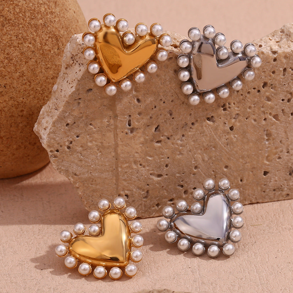 Masakali Gold & Silver-Plated Heart-Shaped Pearl-Embellished Stud Earrings (Set Of 2)