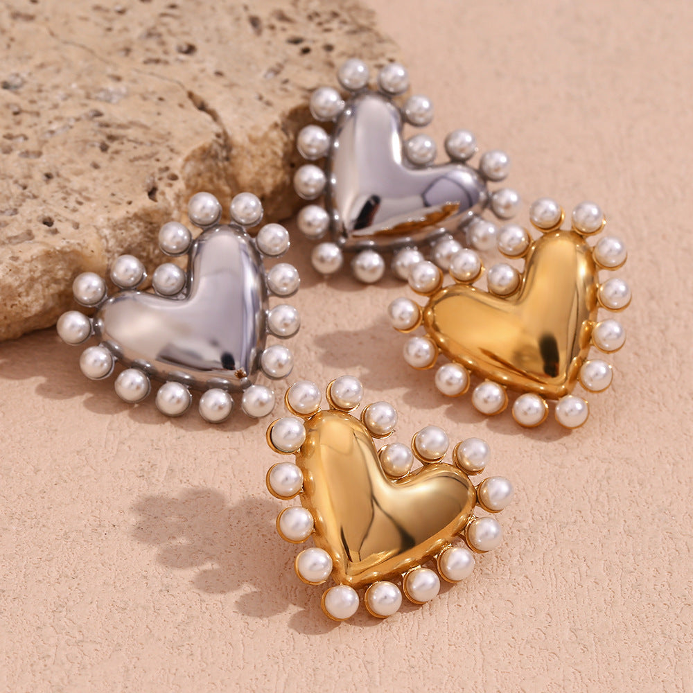 Masakali Gold & Silver-Plated Heart-Shaped Pearl-Embellished Stud Earrings (Set Of 2)