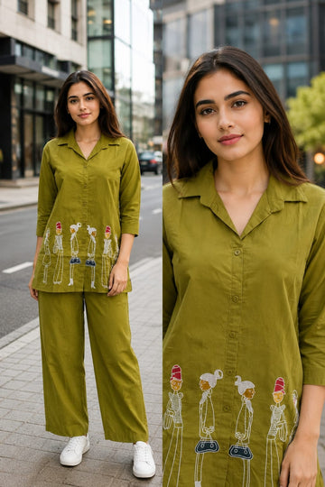 Masakali Green Dhabu Cotton Embroidered Top And Pant Co-Ord Set