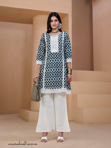 Masakali A-Line Kurta With Palazzo & Stole Dupatta Set, Navy Blue & White