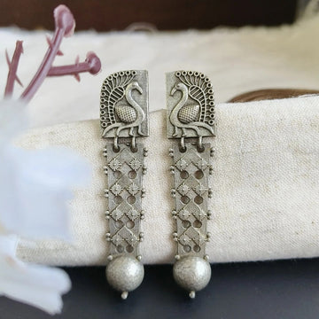 Masakali Oxidised Silver-Lookalike Peacock Design Drop Earrings