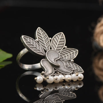 Masakali Oxidised Silver-Plated Beaded Leaf Design Finger Ring For Women