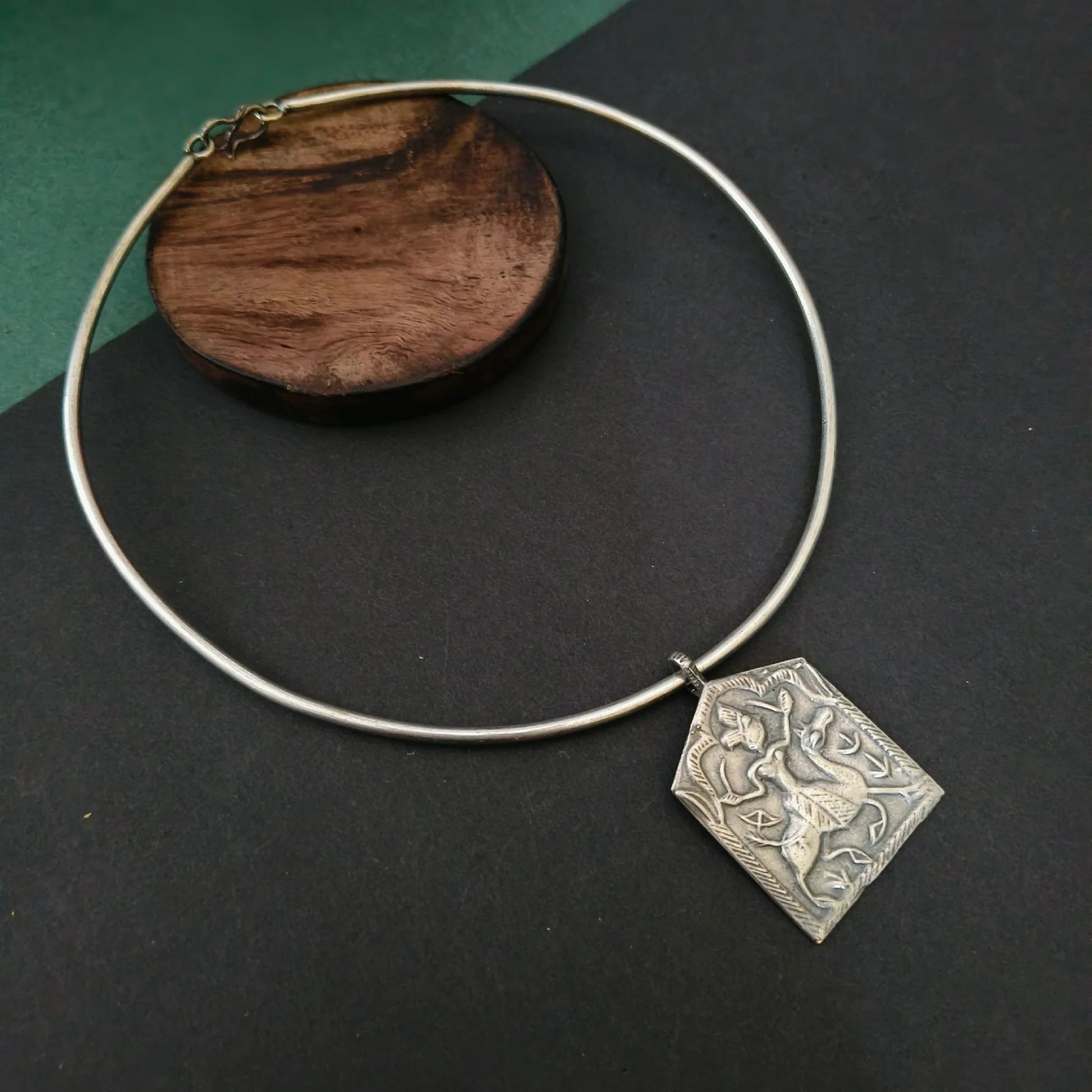 Masakali Oxidised Silver-Plated Hindu Warrior Figure Pendant Hasli Choker Necklace