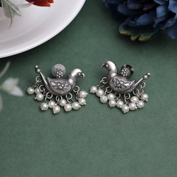 Masakali Parrot Earrings With Beads, Silver-toned Chidiya Stud Earrings For Women & Girls (MJPM1011)