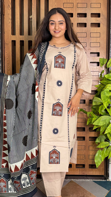 Masakali Pure Dhabu Cotton Handwork Kurta, Pant & Dupatta Set