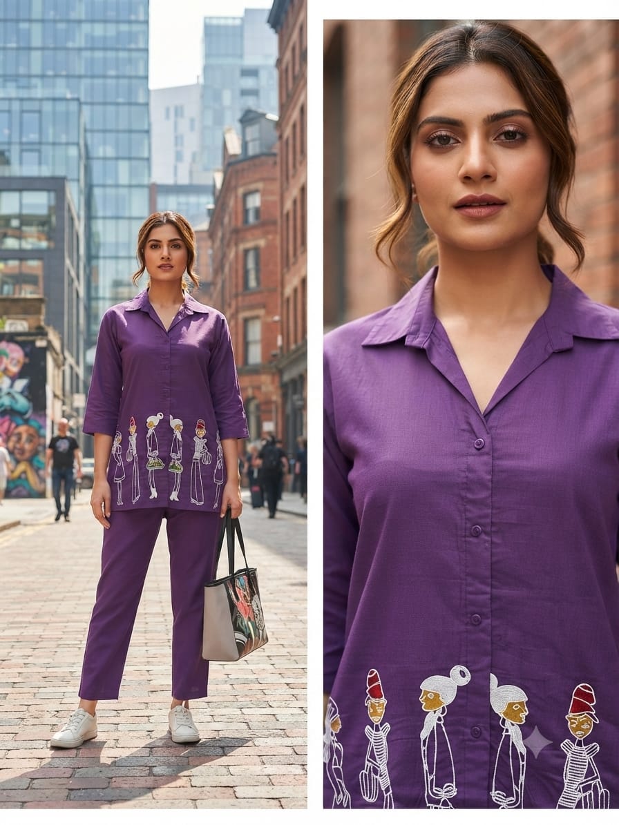 Masakali Purple Dhabu Cotton Embroidered Top And Pant Co-Ord Set