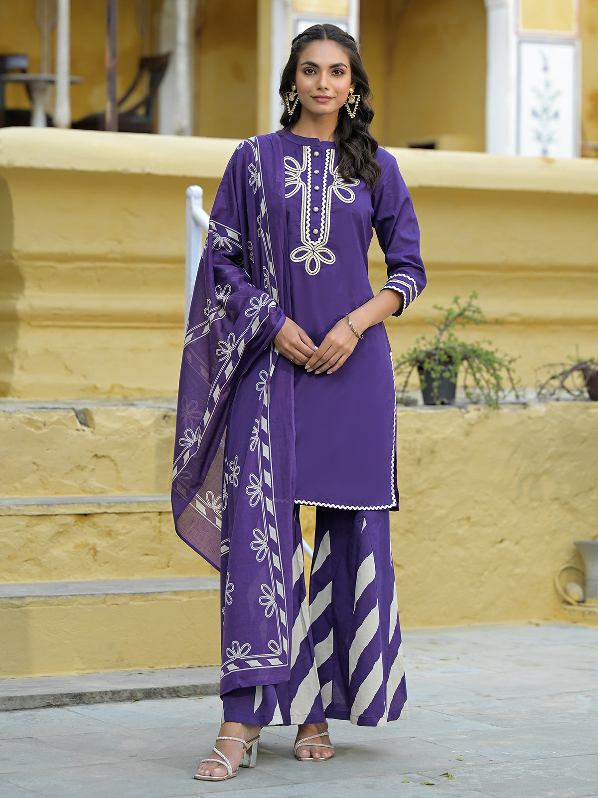 Masakali Purple Kurta Set With Palazzo & Dupatta, Cotton