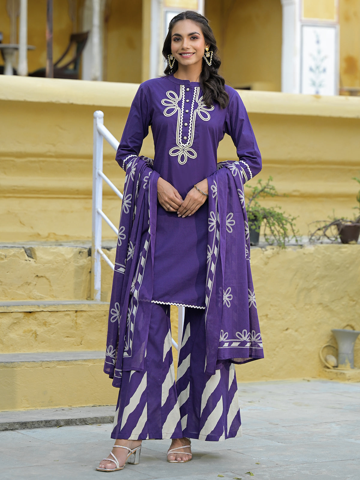 Masakali Purple Kurta Set With Palazzo & Dupatta, Cotton