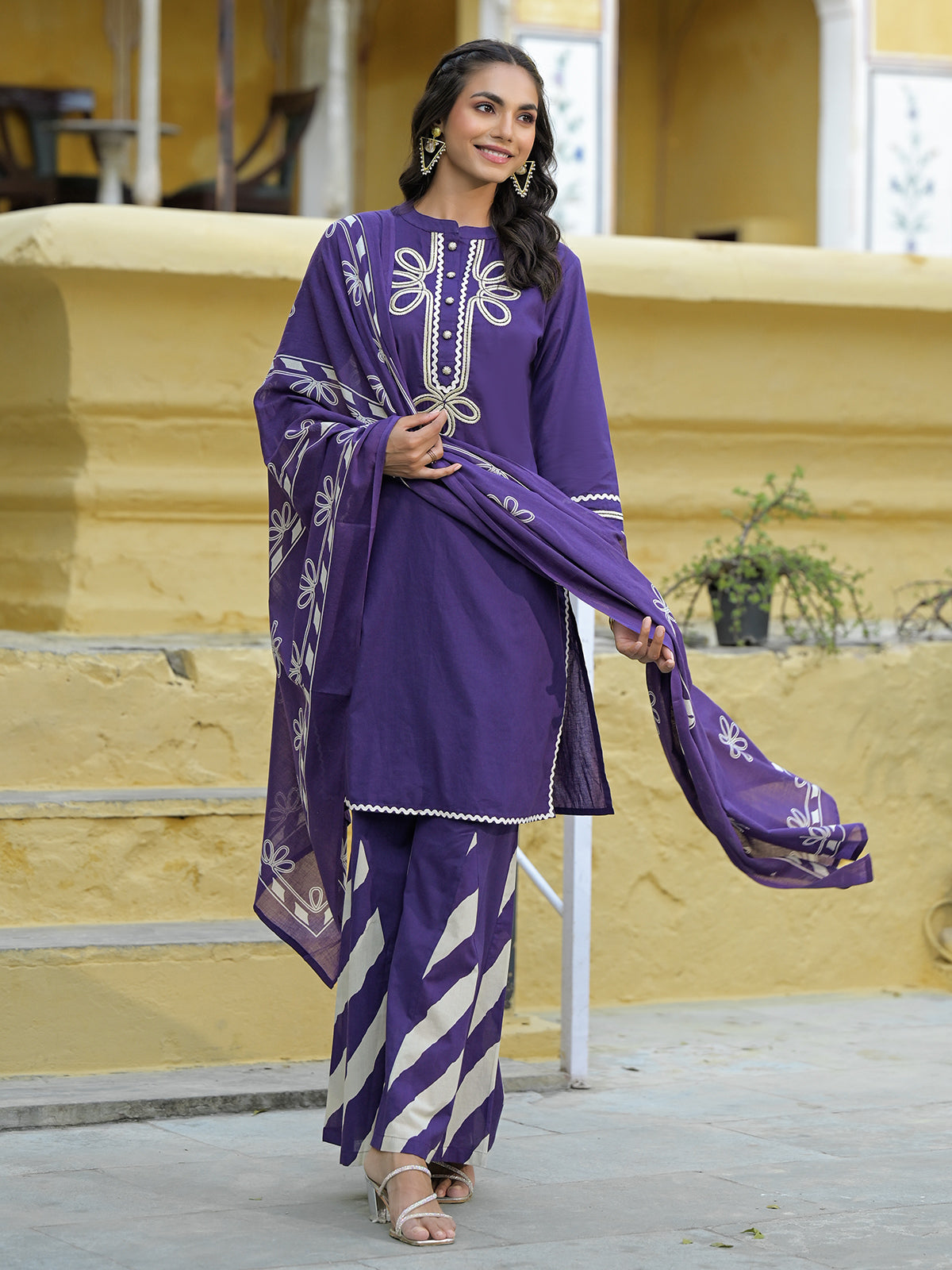 Masakali Purple Kurta Set With Palazzo & Dupatta, Cotton