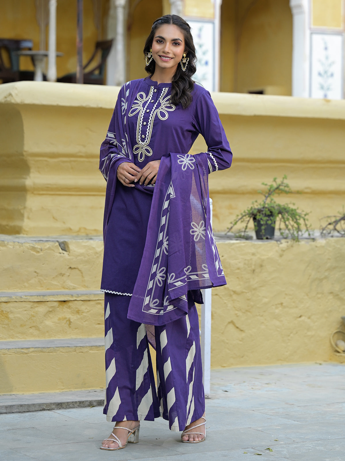 Masakali Purple Kurta Set With Palazzo & Dupatta, Cotton