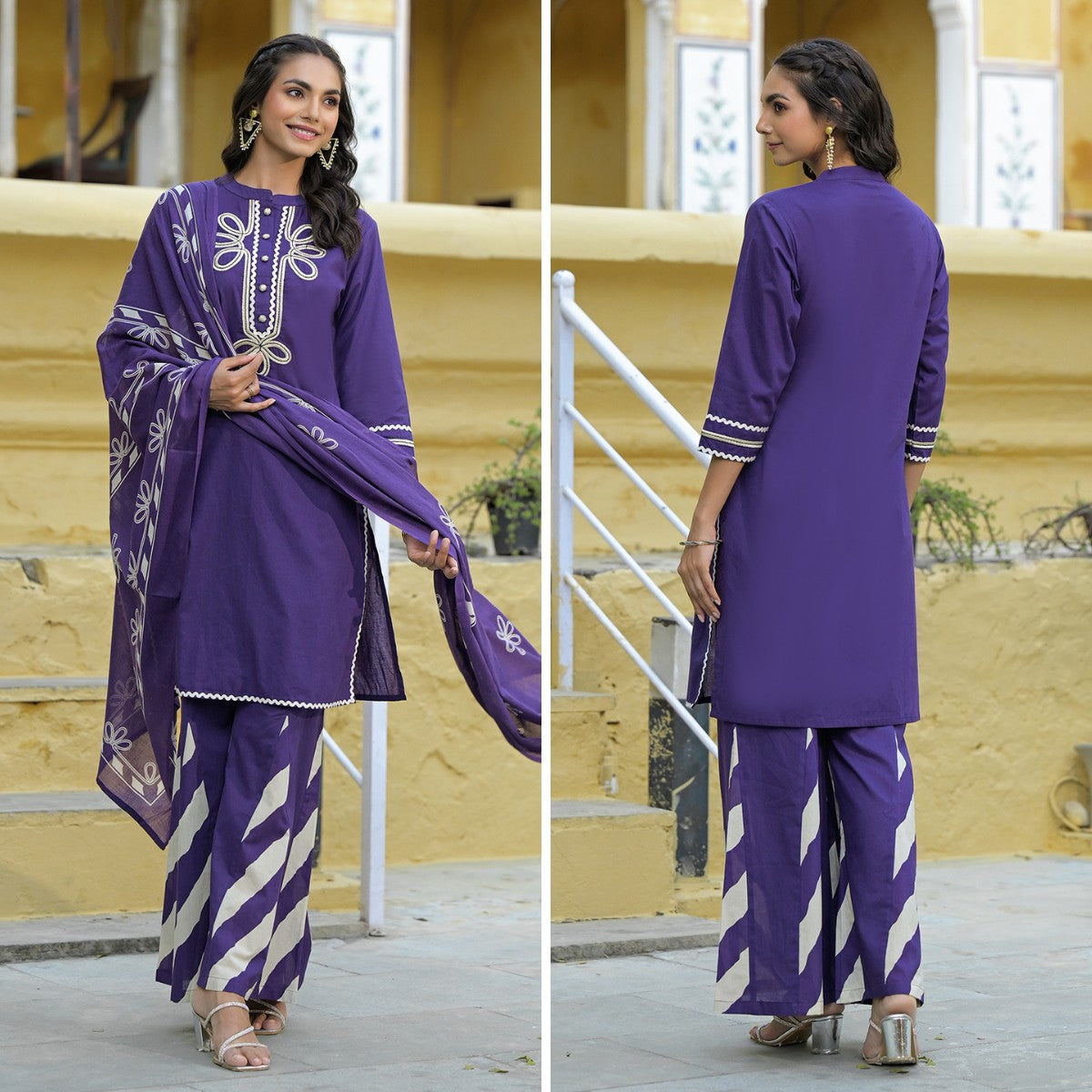 Masakali Purple Kurta Set With Palazzo & Dupatta, Cotton
