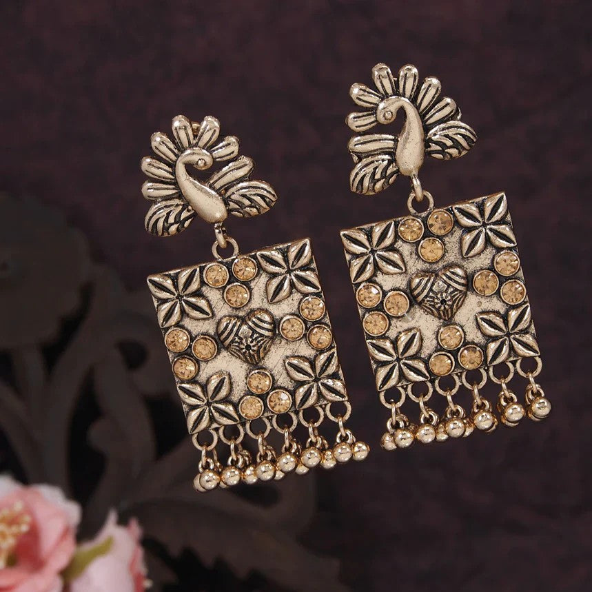 Masakali Rose Gold Peacock Design Crystal Studded Dangler Earrings