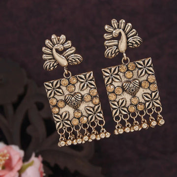 Masakali Rose Gold Peacock Design Crystal Studded Dangler Earrings