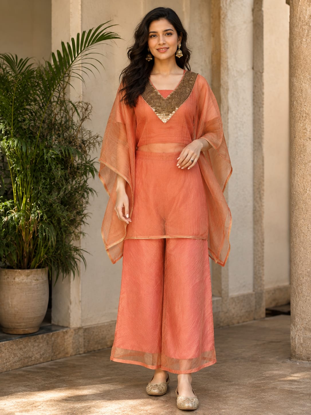 Masakali Salsa Indo-Western Kaftan Style Choli with Palazzo Set for Women