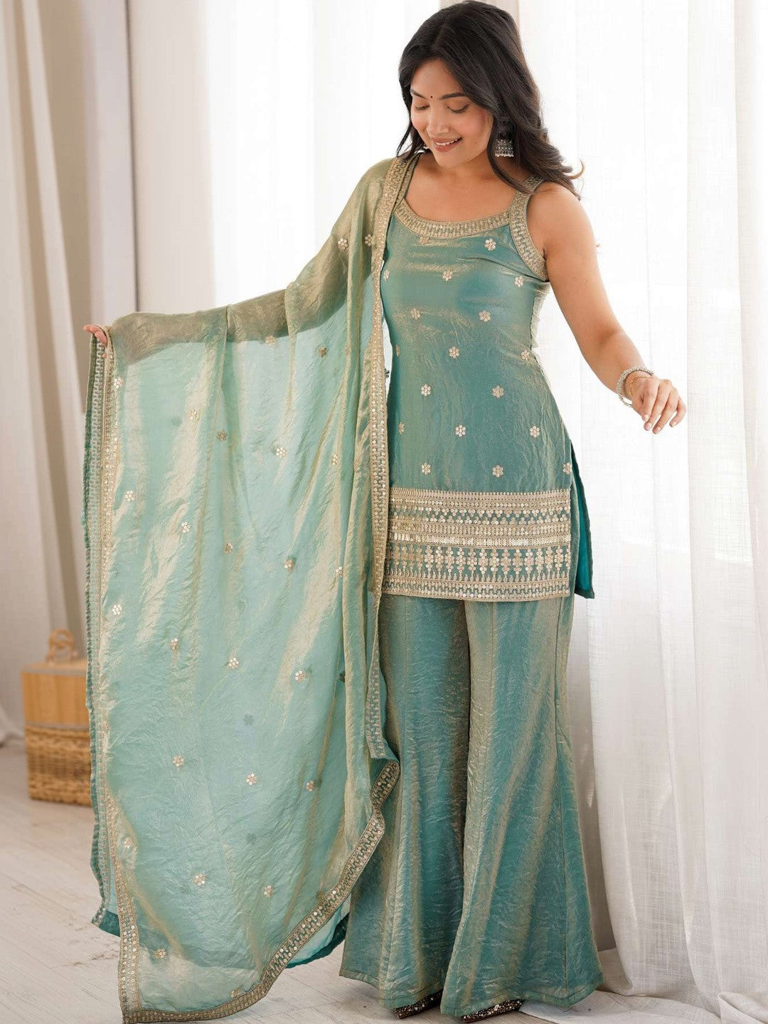Masakali Sea Green Embroidered Kurta With Sharara & Dupatta