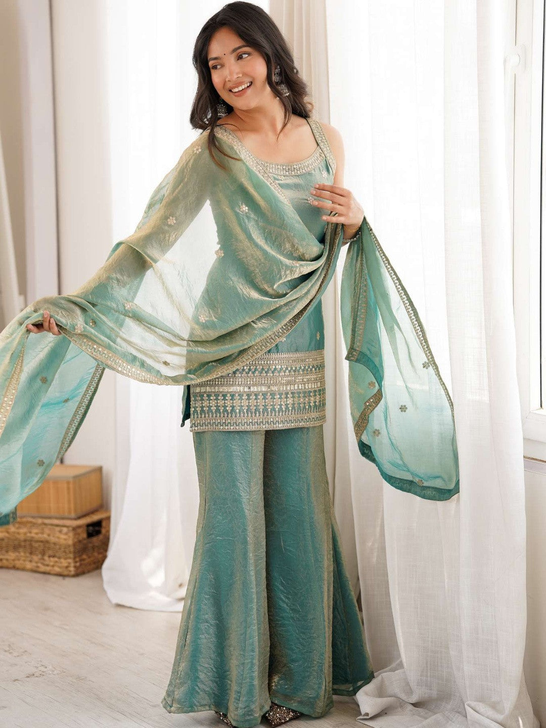 Masakali Sea Green Embroidered Kurta With Sharara & Dupatta