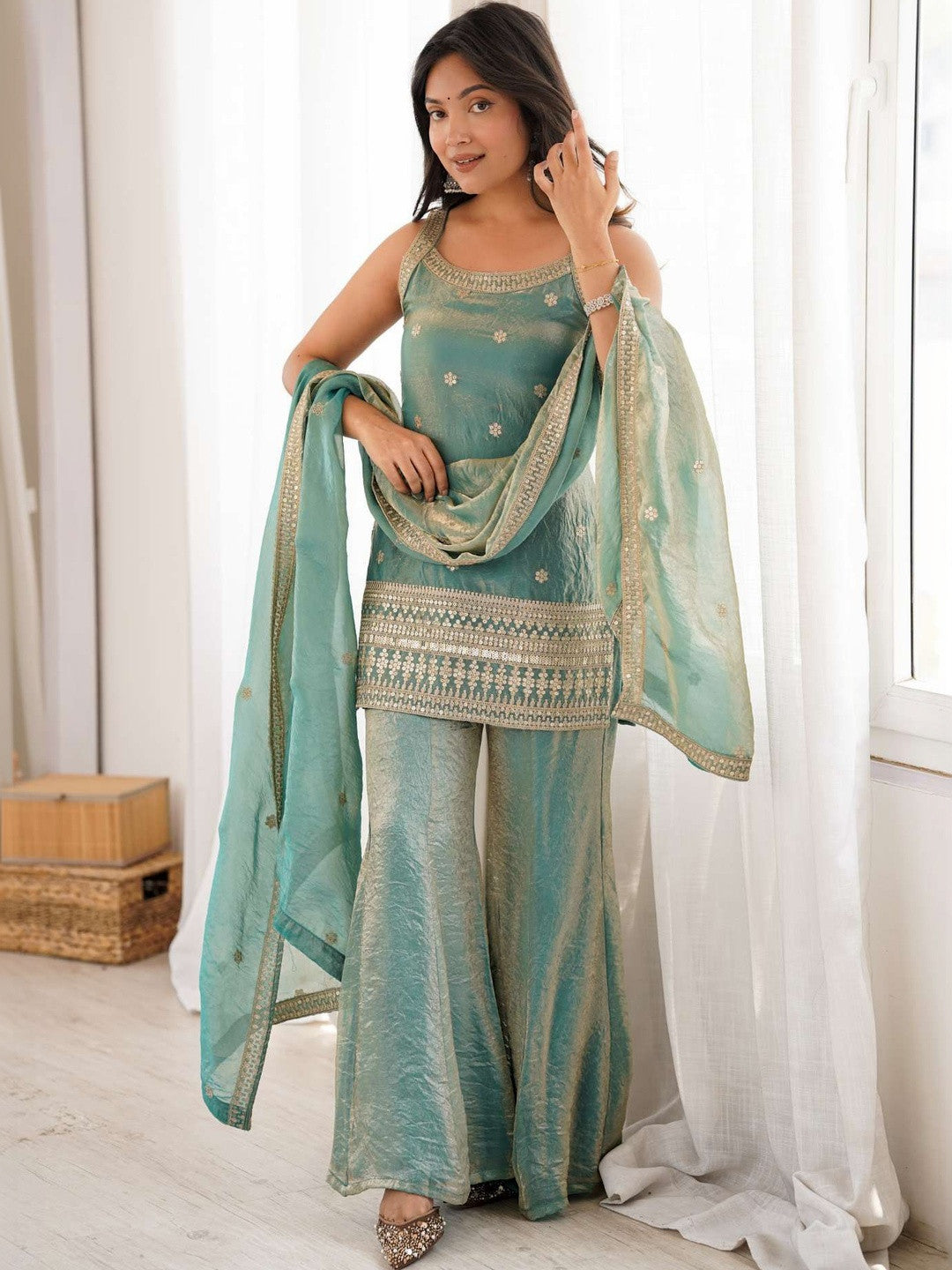 Masakali Sea Green Embroidered Kurta With Sharara & Dupatta