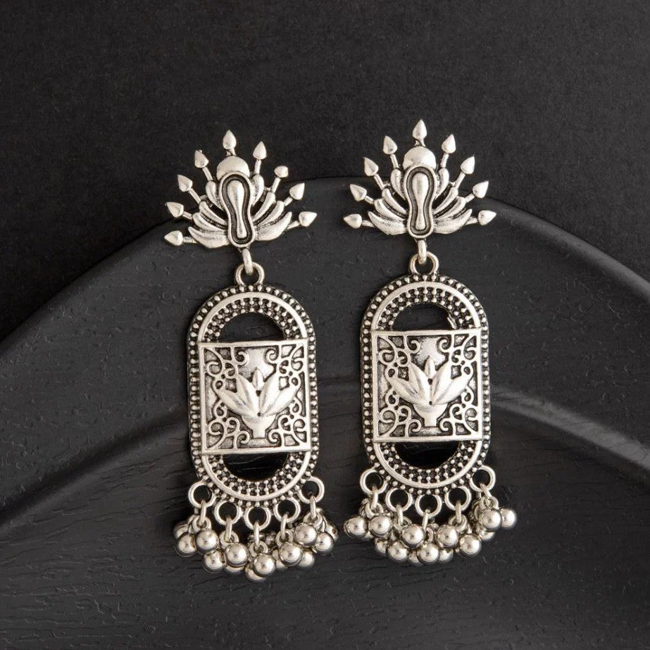 Masakali Silver-Plated Antique Artwork Beaded Dangle Earrings