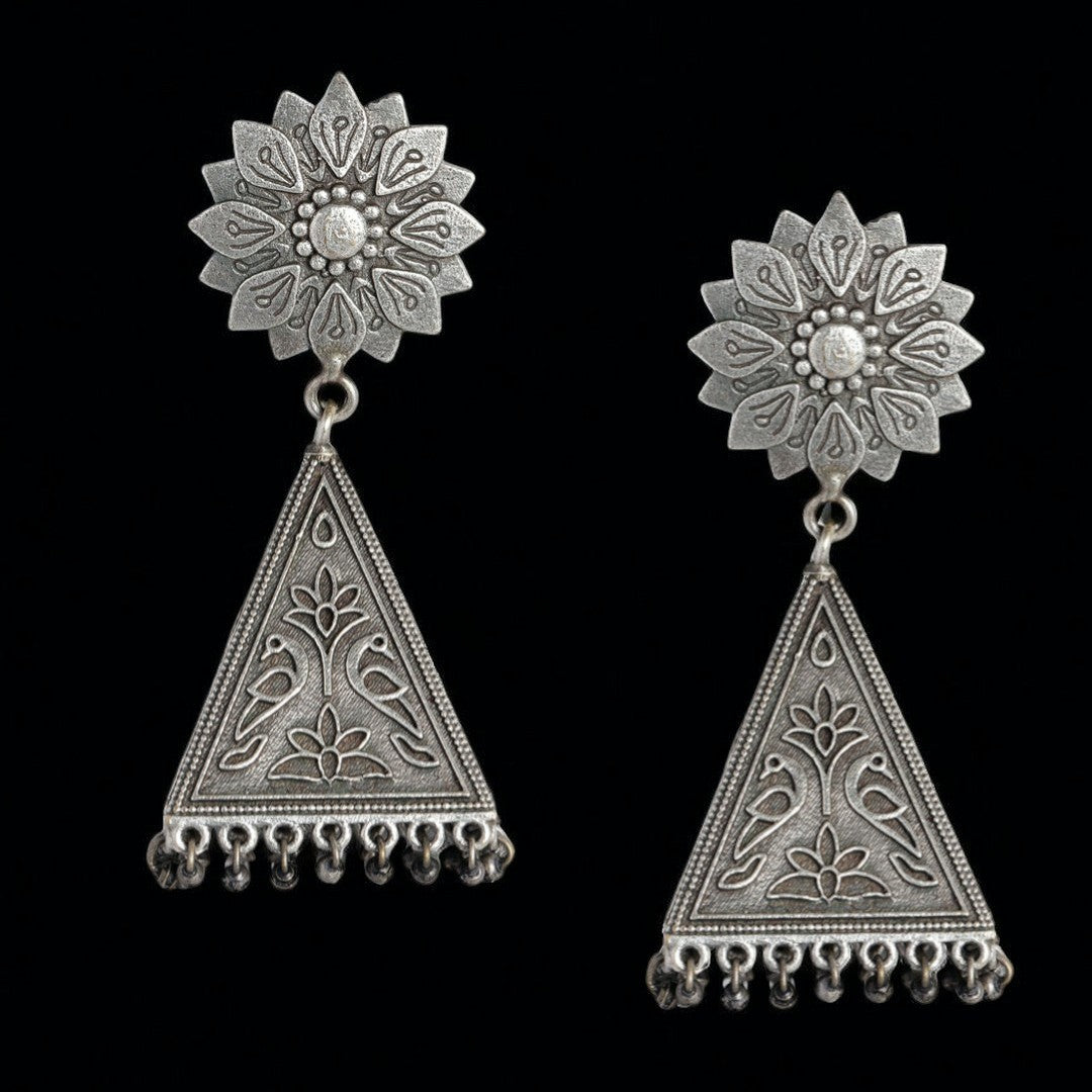 Masakali Silver-Plated Flower Design Oxidised Jhumka Earrings