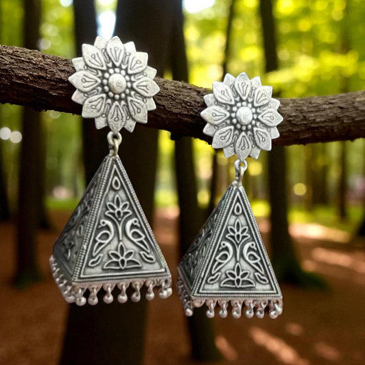 Masakali Silver-Plated Flower Design Oxidised Jhumka Earrings