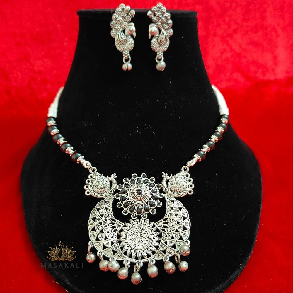 Masakali Silver-Plated Peacock Design Necklace With Earrings, Black