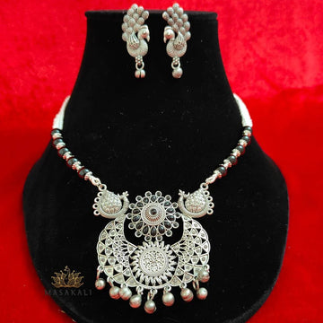 Masakali Silver-Plated Peacock Design Necklace With Earrings, Black
