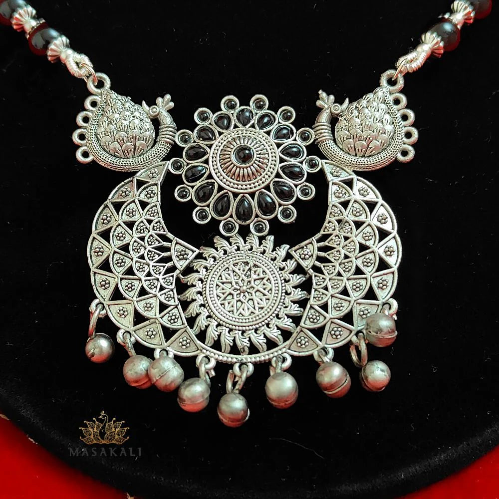 Masakali Silver-Plated Peacock Design Necklace With Earrings, Black
