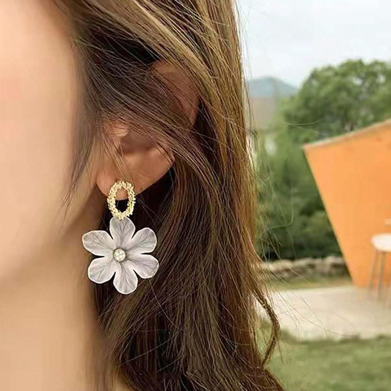 Masakali White Flower Petal Korean Dangle Earrings