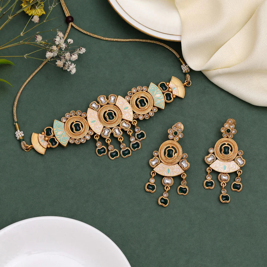 Matte Gold-Plated Meenakari Kundan Embellished Choker Necklace Set, Green