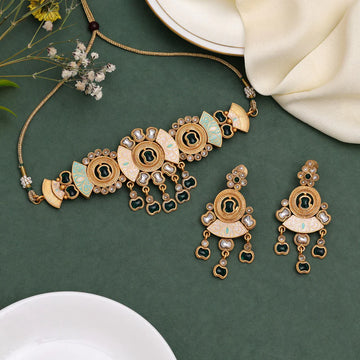 Matte Gold-Plated Meenakari Kundan Embellished Choker Necklace Set, Green
