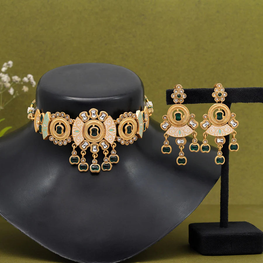 Matte Gold-Plated Meenakari Kundan Embellished Choker Necklace Set, Green