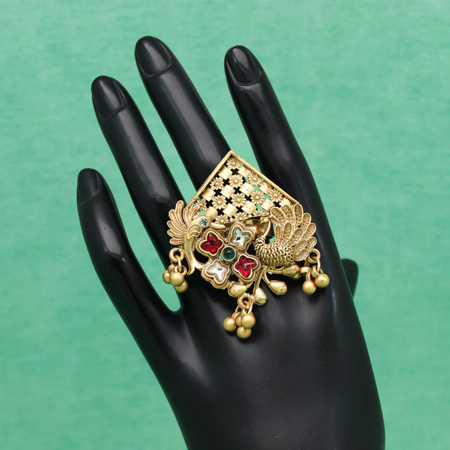 Matte Gold-Plated Peacock Design Partywear Cocktail Ring