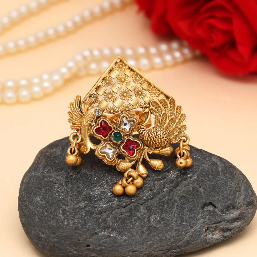 Matte Gold-Plated Peacock Design Partywear Cocktail Ring